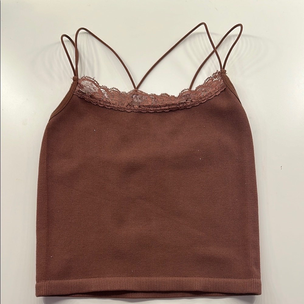 Brown Lace Trim Cami Top